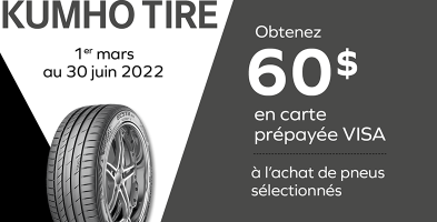 Obtenez 60$ de rabais à l’achat de 4 pneus Kumho Tire